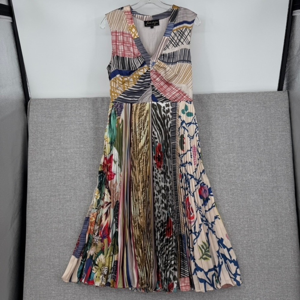 Geisha Designs Mixed Print Pleated Midi Dress Womens Size 8 Boho Eclectic